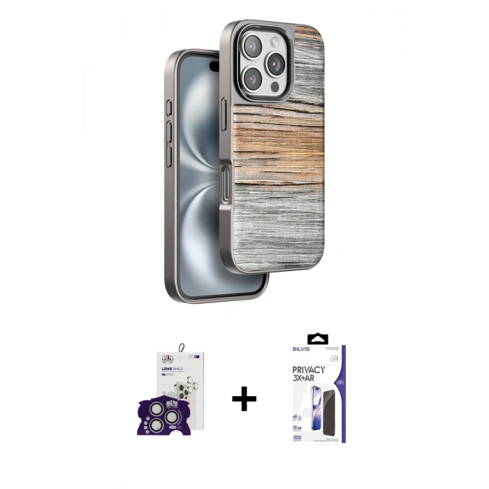 MARSİLYAN™- iPhone 16 Pro Max Kılıf Atlas Minimal Özel Seri - Siyah Bilvis 3X AR Hayalet Cam Ekran Koruyucu + Bilvis Titan Kamera Lens - GS
