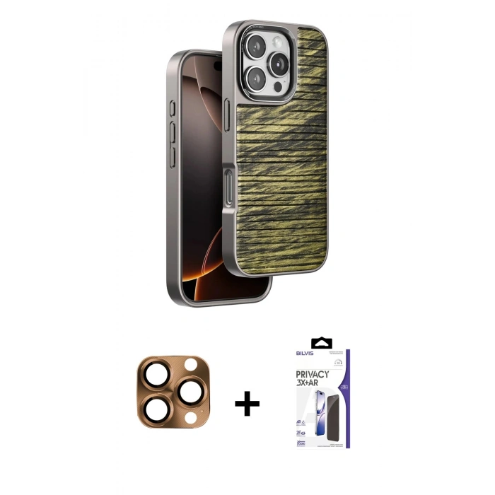 MARSİLYAN™- iPhone 16 Pro Max Kılıf Atlas Minimal Özel Seri - Siyah Bilvis 3X AR Hayalet Cam Ekran Koruyucu + Pers Alüminyum Kamera Lens - CLTM