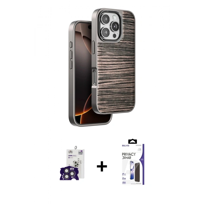 MARSİLYAN™- iPhone 16 Pro Max Kılıf Atlas Minimal Özel Seri - Siyah Bilvis 3X AR Hayalet Cam Ekran Koruyucu + Bilvis Titan Kamera Lens - TMGI