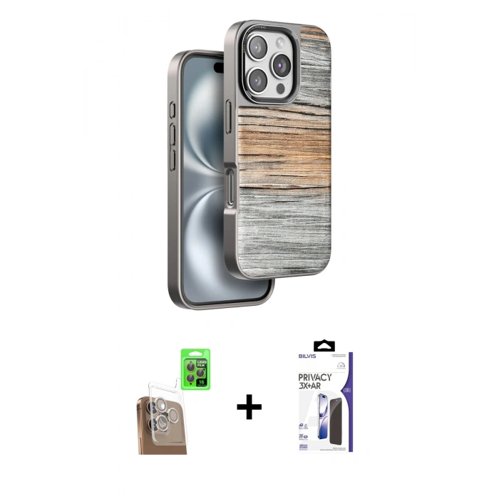 MARSİLYAN™- iPhone 16 Pro Max Kılıf Atlas Minimal Özel Seri - Siyah Bilvis 3X AR Hayalet Cam Ekran Koruyucu + Raze Metal Kamera Lens - CLTM