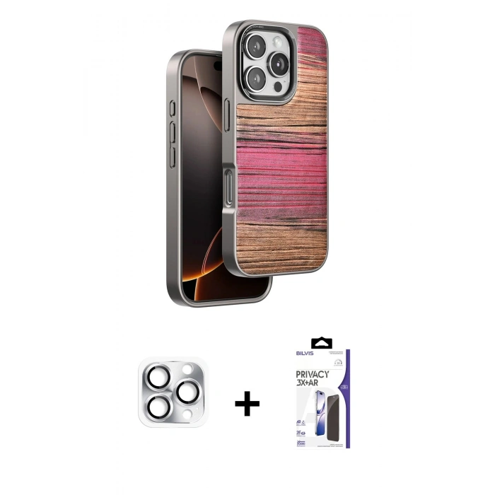 MARSİLYAN™- iPhone 16 Pro Max Kılıf Atlas Minimal Özel Seri - Siyah Bilvis 3X AR Hayalet Cam Ekran Koruyucu + Pers Alüminyum Kamera Lens - GS