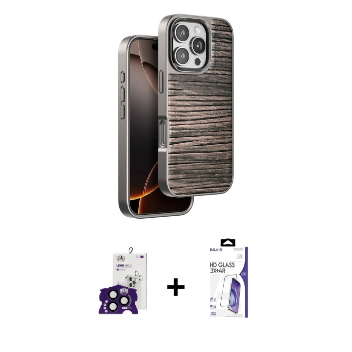 MARSİLYAN™- iPhone 16 Pro Max Kılıf Atlas Minimal Özel Seri - Siyah Bilvis 3X AR HD Cam Ekran Koruyucu + Bilvis Titan Kamera Lens - SH