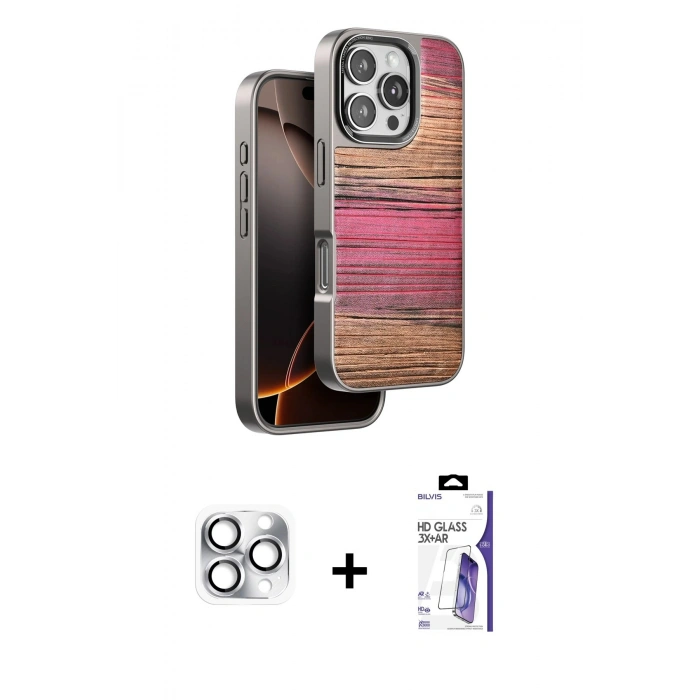 MARSİLYAN™- iPhone 16 Pro Max Kılıf Atlas Minimal Özel Seri - Siyah Bilvis 3X AR HD Cam Ekran Koruyucu + Pers Alüminyum Kamera Lens - GS