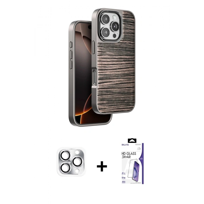 MARSİLYAN™- iPhone 16 Pro Max Kılıf Atlas Minimal Özel Seri - Siyah Bilvis 3X AR HD Cam Ekran Koruyucu + Pers Alüminyum Kamera Lens - GS