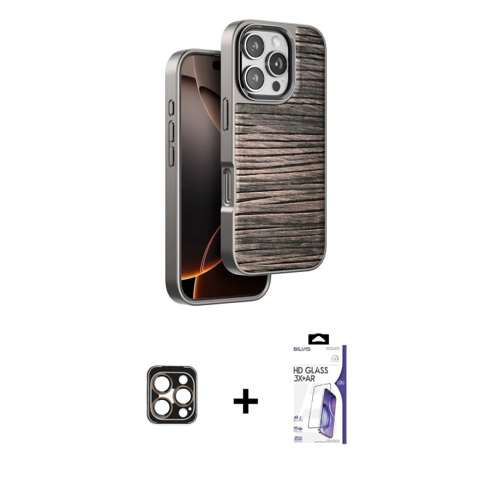 MARSİLYAN™- iPhone 16 Pro Max Kılıf Atlas Minimal Özel Seri - Siyah Bilvis 3X AR HD Cam Ekran Koruyucu + PVD Metal Kamera Lens - GD