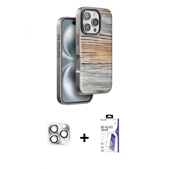 MARSİLYAN™- iPhone 16 Pro Max Kılıf Atlas Minimal Özel Seri - Siyah Bilvis 3X AR HD Cam Ekran Koruyucu + Pers Alüminyum Kamera Lens - GS