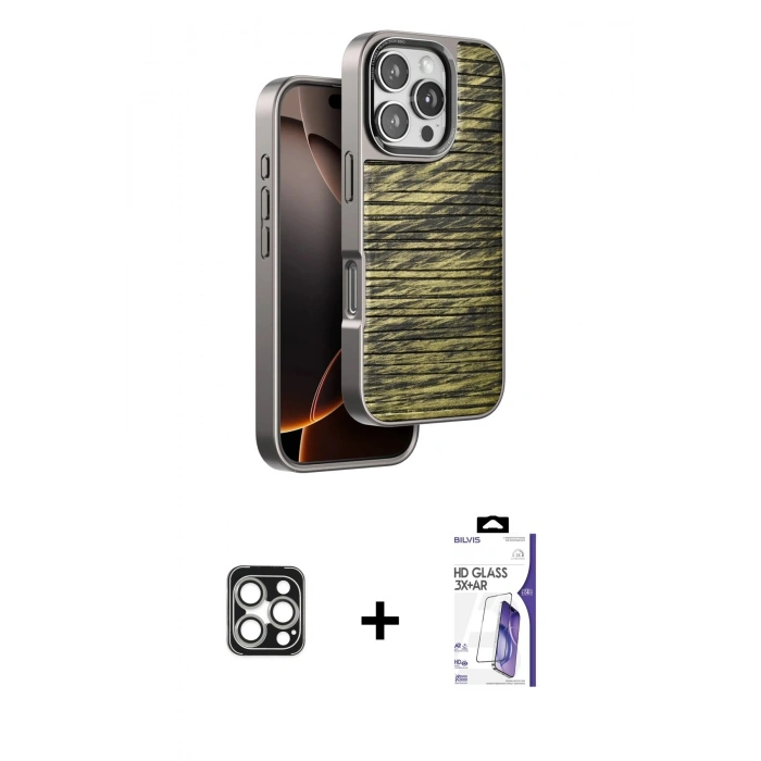 MARSİLYAN™- iPhone 16 Pro Max Kılıf Atlas Minimal Özel Seri - Siyah Bilvis 3X AR HD Cam Ekran Koruyucu + PVD Metal Kamera Lens - GS