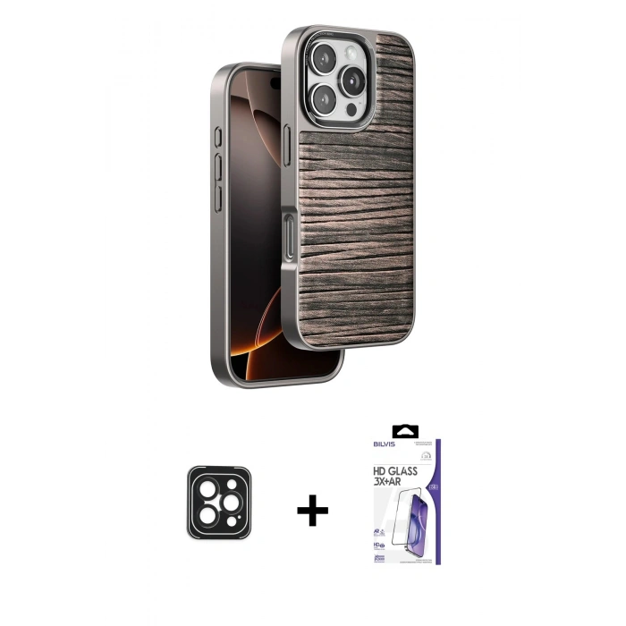 MARSİLYAN™- iPhone 16 Pro Max Kılıf Atlas Minimal Özel Seri - Siyah Bilvis 3X AR HD Cam Ekran Koruyucu + PVD Metal Kamera Lens - SH