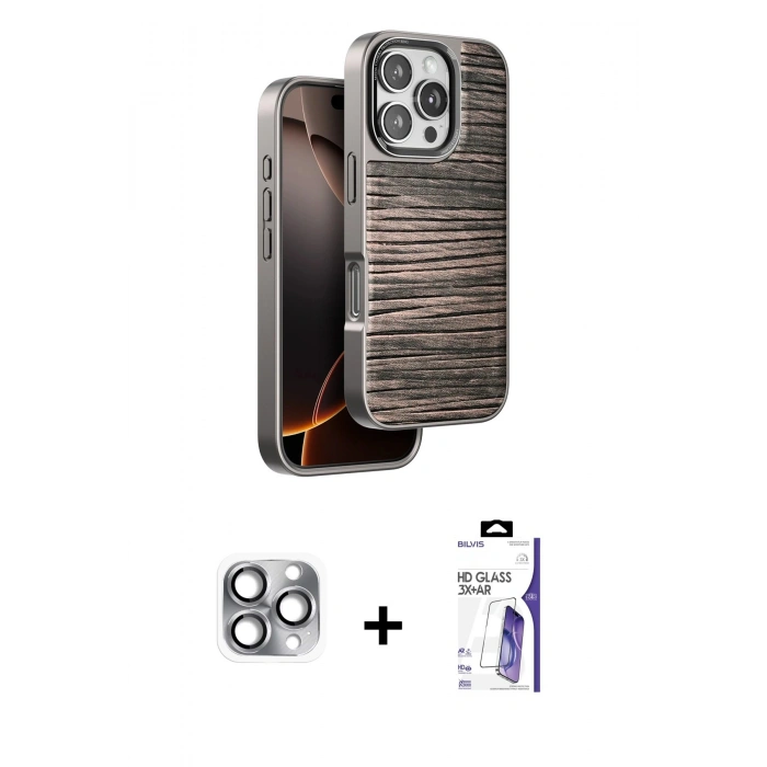 MARSİLYAN™- iPhone 16 Pro Max Kılıf Atlas Minimal Özel Seri - Siyah Bilvis 3X AR HD Cam Ekran Koruyucu + Pers Alüminyum Kamera Lens - GI