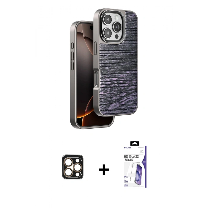 MARSİLYAN™- iPhone 16 Pro Max Kılıf Atlas Minimal Özel Seri - Siyah Bilvis 3X AR HD Cam Ekran Koruyucu + PVD Metal Kamera Lens - GD