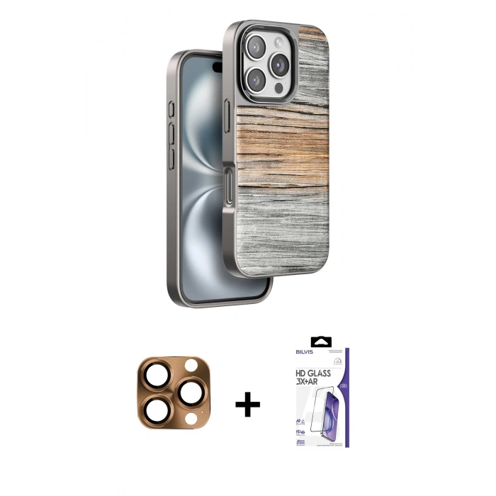 MARSİLYAN™- iPhone 16 Pro Max Kılıf Atlas Minimal Özel Seri - Siyah Bilvis 3X AR HD Cam Ekran Koruyucu + Pers Alüminyum Kamera Lens - CLTM