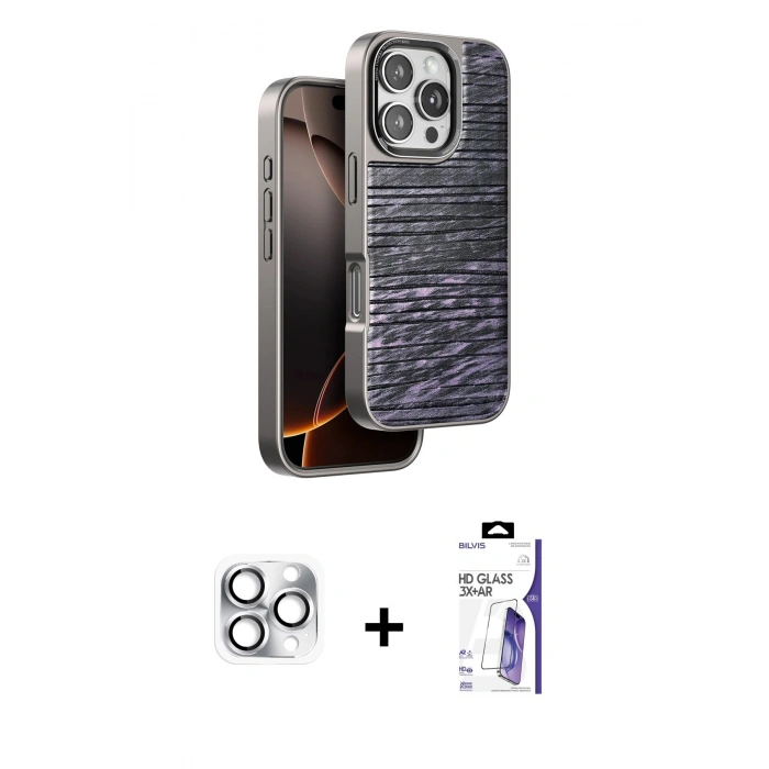 MARSİLYAN™- iPhone 16 Pro Max Kılıf Atlas Minimal Özel Seri - Siyah Bilvis 3X AR HD Cam Ekran Koruyucu + Pers Alüminyum Kamera Lens - GS