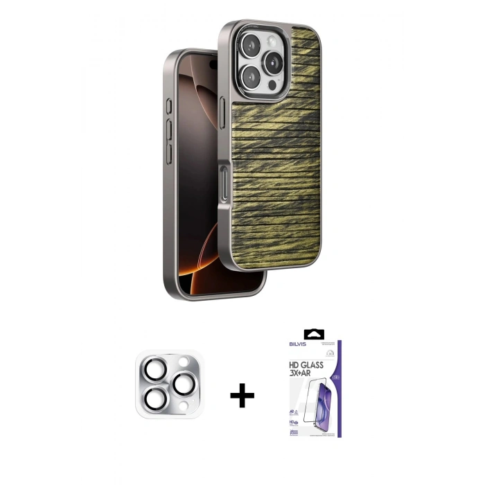 MARSİLYAN™- iPhone 16 Pro Max Kılıf Atlas Minimal Özel Seri - Siyah Bilvis 3X AR HD Cam Ekran Koruyucu + Pers Alüminyum Kamera Lens - GS