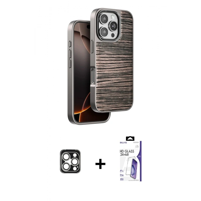 MARSİLYAN™- iPhone 16 Pro Max Kılıf Atlas Minimal Özel Seri - Siyah Bilvis 3X AR HD Cam Ekran Koruyucu + PVD Metal Kamera Lens - GS