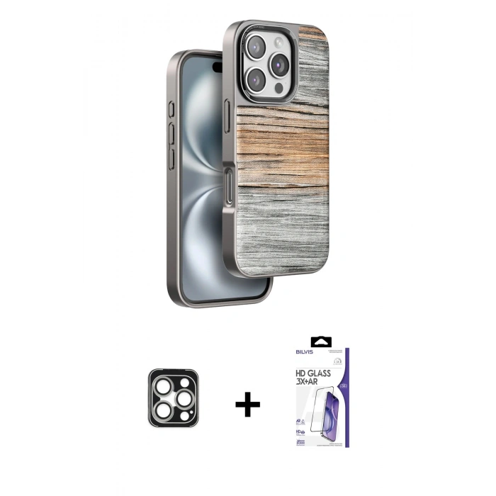 MARSİLYAN™- iPhone 16 Pro Max Kılıf Atlas Minimal Özel Seri - Siyah Bilvis 3X AR HD Cam Ekran Koruyucu + PVD Metal Kamera Lens - GS