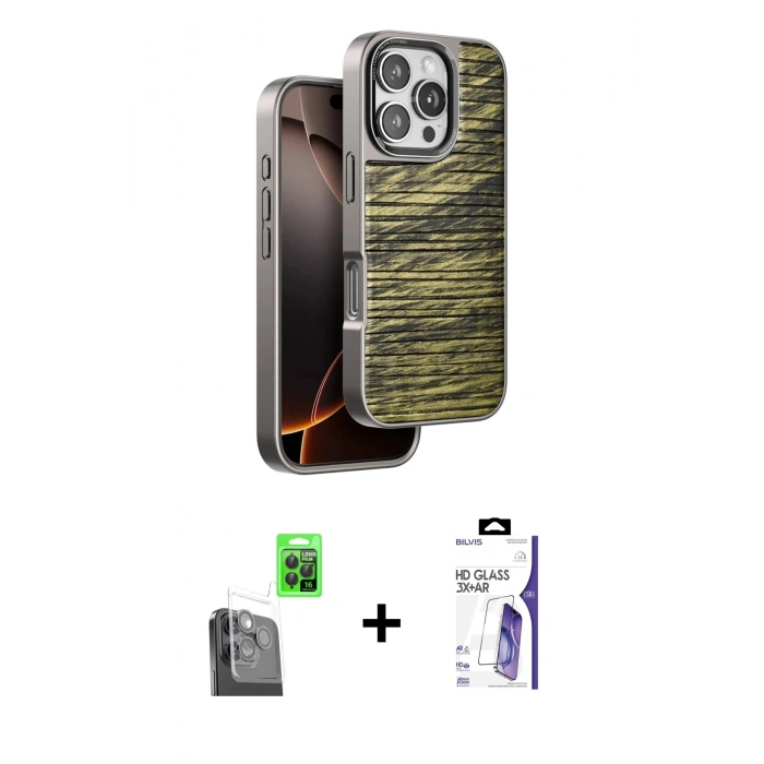 MARSİLYAN™- iPhone 16 Pro Max Kılıf Atlas Minimal Özel Seri - Siyah Bilvis 3X AR HD Cam Ekran Koruyucu + Raze Metal Kamera Lens - SH