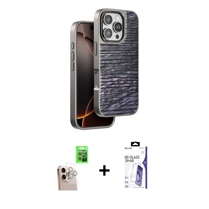 MARSİLYAN™- iPhone 16 Pro Max Kılıf Atlas Minimal Özel Seri - Siyah Bilvis 3X AR HD Cam Ekran Koruyucu + Raze Metal Kamera Lens - NLGY