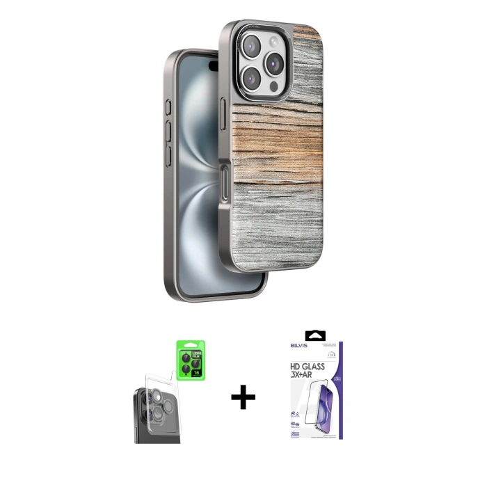 MARSİLYAN™- iPhone 16 Pro Max Kılıf Atlas Minimal Özel Seri - Siyah Bilvis 3X AR HD Cam Ekran Koruyucu + Raze Metal Kamera Lens - SH