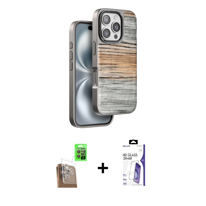 MARSİLYAN™- iPhone 16 Pro Max Kılıf Atlas Minimal Özel Seri - Siyah Bilvis 3X AR HD Cam Ekran Koruyucu + Raze Metal Kamera Lens - CLTM