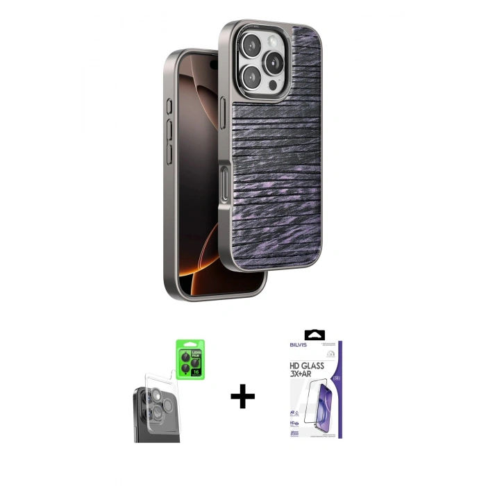 MARSİLYAN™- iPhone 16 Pro Max Kılıf Atlas Minimal Özel Seri - Siyah Bilvis 3X AR HD Cam Ekran Koruyucu + Raze Metal Kamera Lens - SH