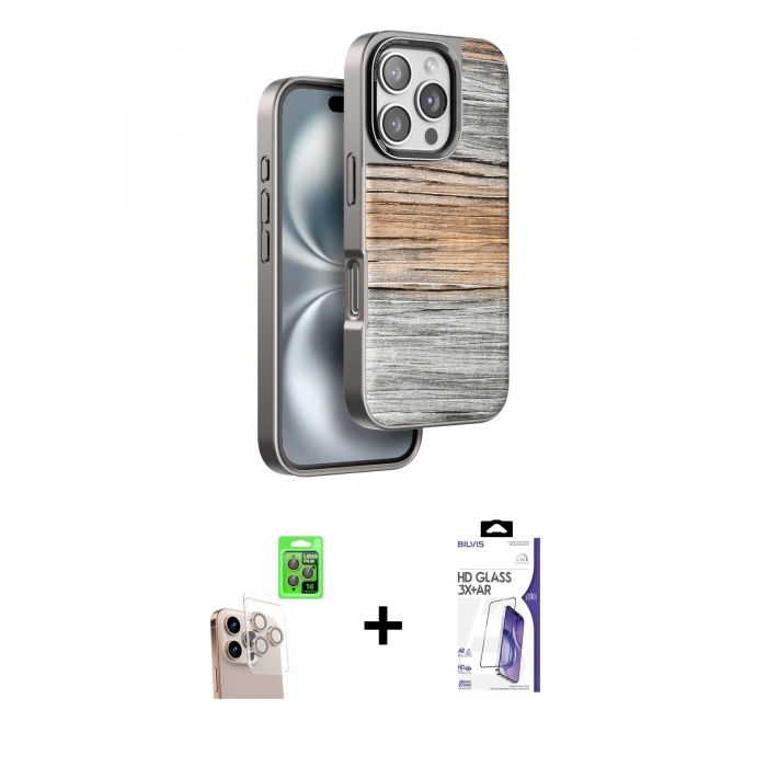 MARSİLYAN™- iPhone 16 Pro Max Kılıf Atlas Minimal Özel Seri - Siyah Bilvis 3X AR HD Cam Ekran Koruyucu + Raze Metal Kamera Lens - NLGY
