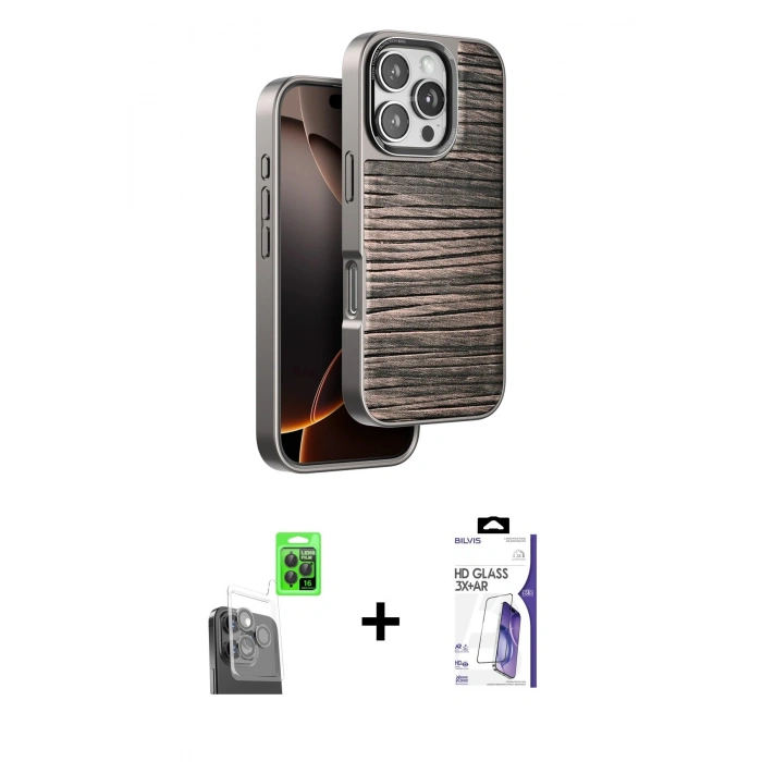 MARSİLYAN™- iPhone 16 Pro Max Kılıf Atlas Minimal Özel Seri - Siyah Bilvis 3X AR HD Cam Ekran Koruyucu + Raze Metal Kamera Lens - SH