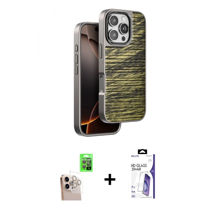MARSİLYAN™- iPhone 16 Pro Max Kılıf Atlas Minimal Özel Seri - Siyah Bilvis 3X AR HD Cam Ekran Koruyucu + Raze Metal Kamera Lens - NLGY