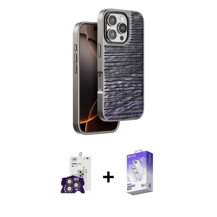 MARSİLYAN™- iPhone 16 Pro Max Kılıf Atlas Minimal Özel Seri - Siyah Bilvis 5in1 3D Magic Cam Ekran Koruyucu + Gümüş Bilvis Titan Kamera Lens