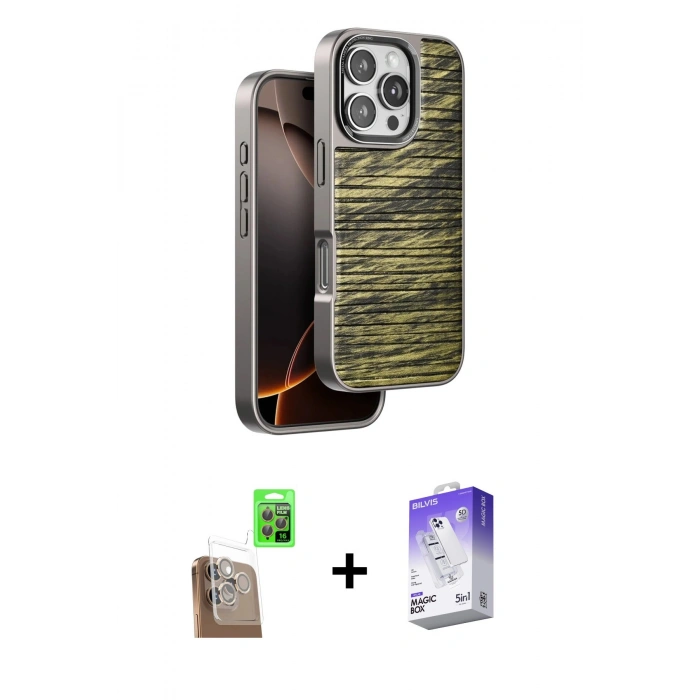 MARSİLYAN™- iPhone 16 Pro Max Kılıf Atlas Minimal Özel Seri - Siyah Bilvis 5in1 3D Magic Cam Ekran Koruyucu + Raze Metal Kamera Lens - CLTM