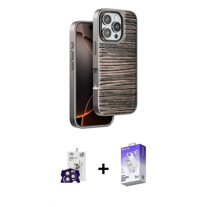MARSİLYAN™- iPhone 16 Pro Max Kılıf Atlas Minimal Özel Seri - Siyah Bilvis 5in1 3D Magic Cam Ekran Koruyucu + Bilvis Titan Kamera Lens - TMGI