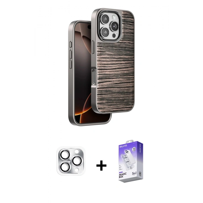 MARSİLYAN™- iPhone 16 Pro Max Kılıf Atlas Minimal Özel Seri - Siyah Bilvis 5in1 3D Magic Cam Ekran Koruyucu + Pers Alüminyum Kamera Lens - GS