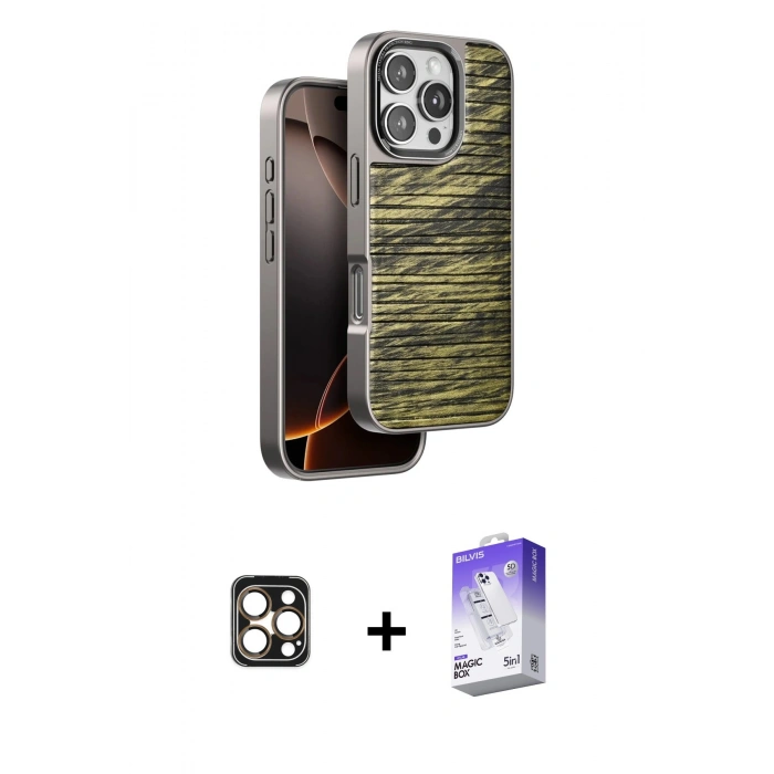 MARSİLYAN™- iPhone 16 Pro Max Kılıf Atlas Minimal Özel Seri - Siyah Bilvis 5in1 3D Magic Cam Ekran Koruyucu + PVD Metal Kamera Lens - GD