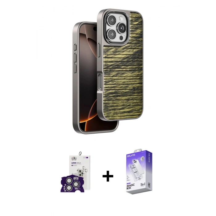 MARSİLYAN™- iPhone 16 Pro Max Kılıf Atlas Minimal Özel Seri - Siyah Bilvis 5in1 3D Magic Cam Ekran Koruyucu + Gümüş Bilvis Titan Kamera Lens