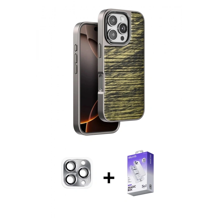 MARSİLYAN™- iPhone 16 Pro Max Kılıf Atlas Minimal Özel Seri - Siyah Bilvis 5in1 3D Magic Cam Ekran Koruyucu + Pers Alüminyum Kamera Lens - GI