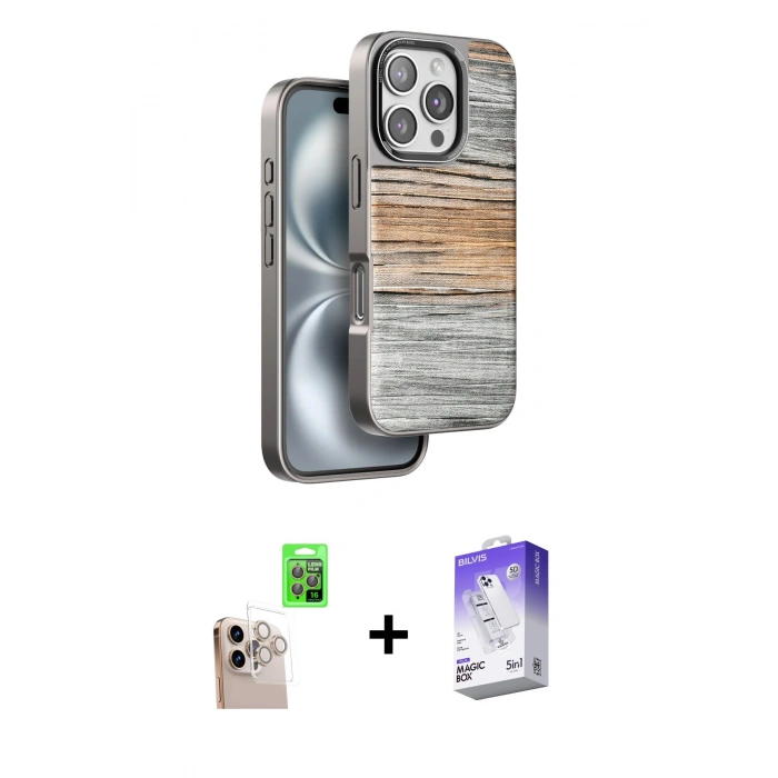 MARSİLYAN™- iPhone 16 Pro Max Kılıf Atlas Minimal Özel Seri - Siyah Bilvis 5in1 3D Magic Cam Ekran Koruyucu + Raze Metal Kamera Lens - NLGY