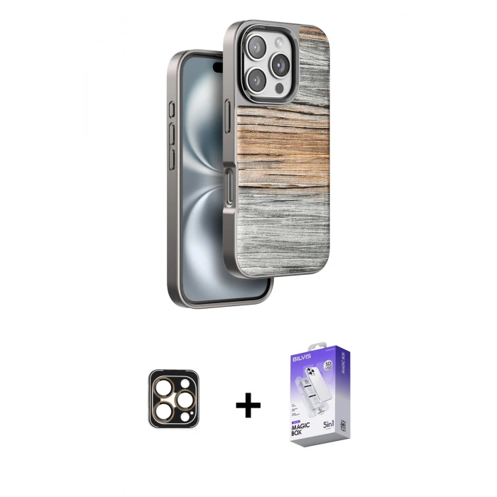 MARSİLYAN™- iPhone 16 Pro Max Kılıf Atlas Minimal Özel Seri - Siyah Bilvis 5in1 3D Magic Cam Ekran Koruyucu + PVD Metal Kamera Lens - GD