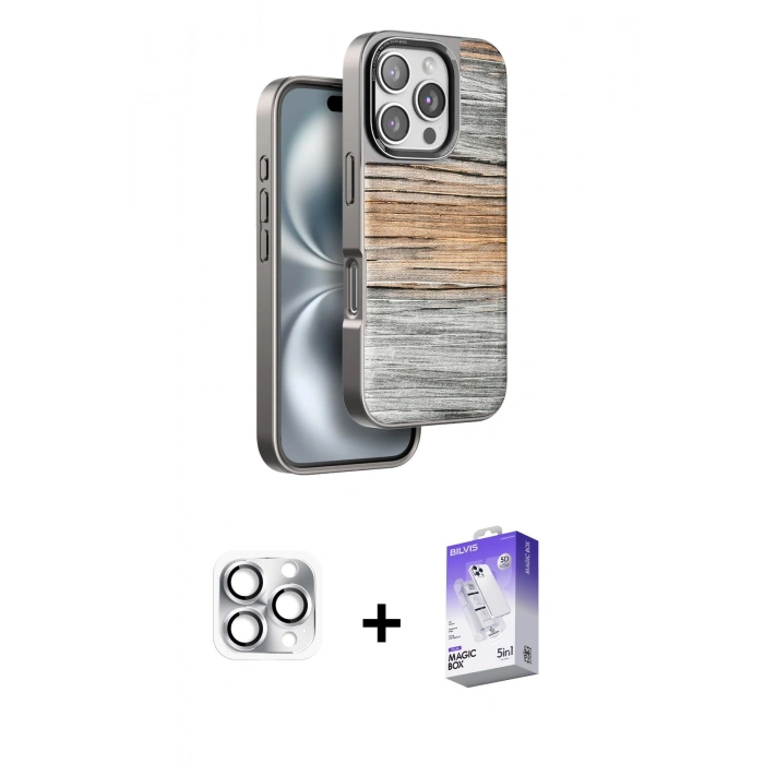 MARSİLYAN™- iPhone 16 Pro Max Kılıf Atlas Minimal Özel Seri - Siyah Bilvis 5in1 3D Magic Cam Ekran Koruyucu + Pers Alüminyum Kamera Lens - GS