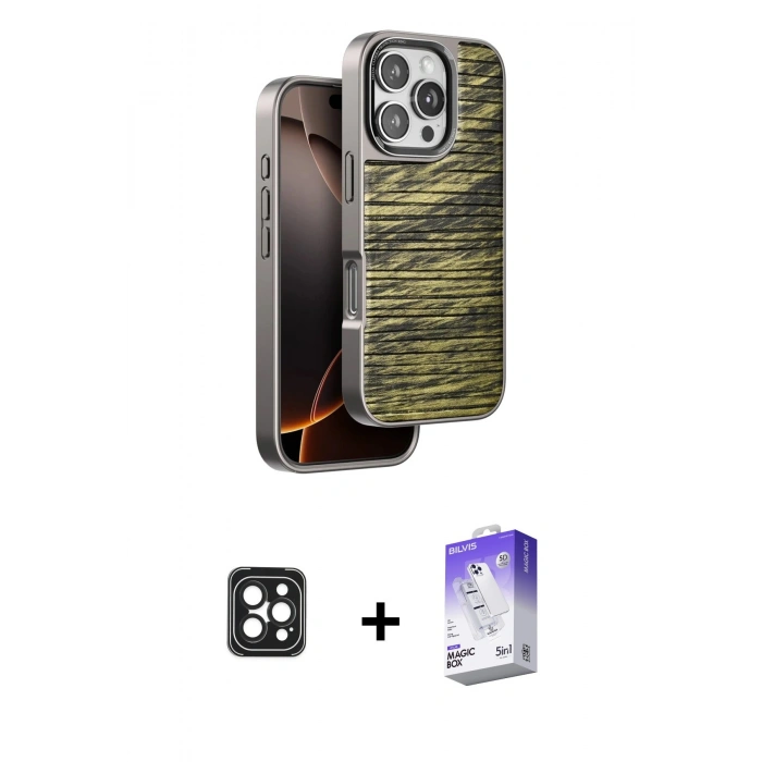 MARSİLYAN™- iPhone 16 Pro Max Kılıf Atlas Minimal Özel Seri - Siyah Bilvis 5in1 3D Magic Cam Ekran Koruyucu + PVD Metal Kamera Lens - SH