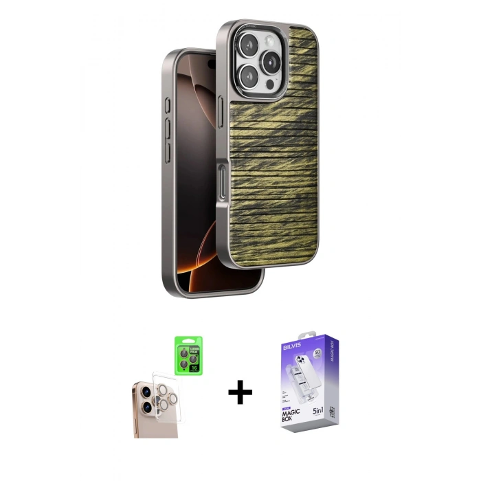 MARSİLYAN™- iPhone 16 Pro Max Kılıf Atlas Minimal Özel Seri - Siyah Bilvis 5in1 3D Magic Cam Ekran Koruyucu + Raze Metal Kamera Lens - NLGY