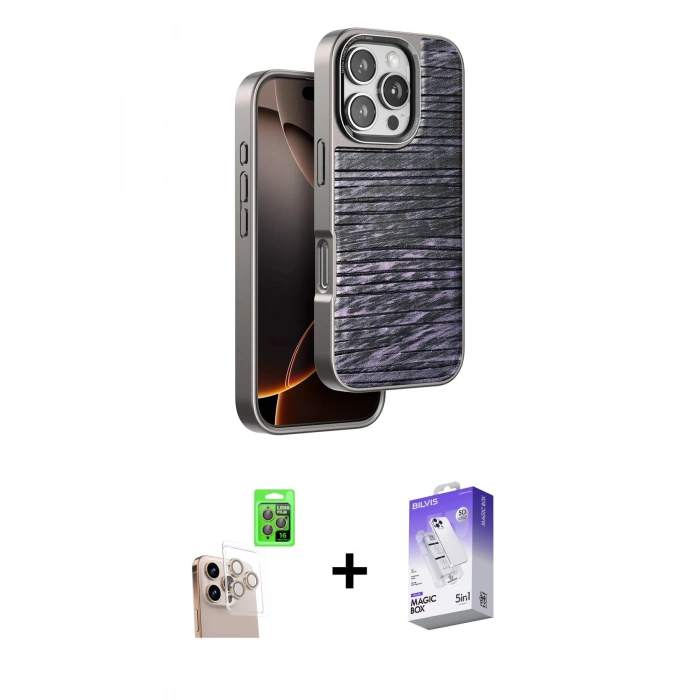 MARSİLYAN™- iPhone 16 Pro Max Kılıf Atlas Minimal Özel Seri - Siyah Bilvis 5in1 3D Magic Cam Ekran Koruyucu + Raze Metal Kamera Lens - NLGY