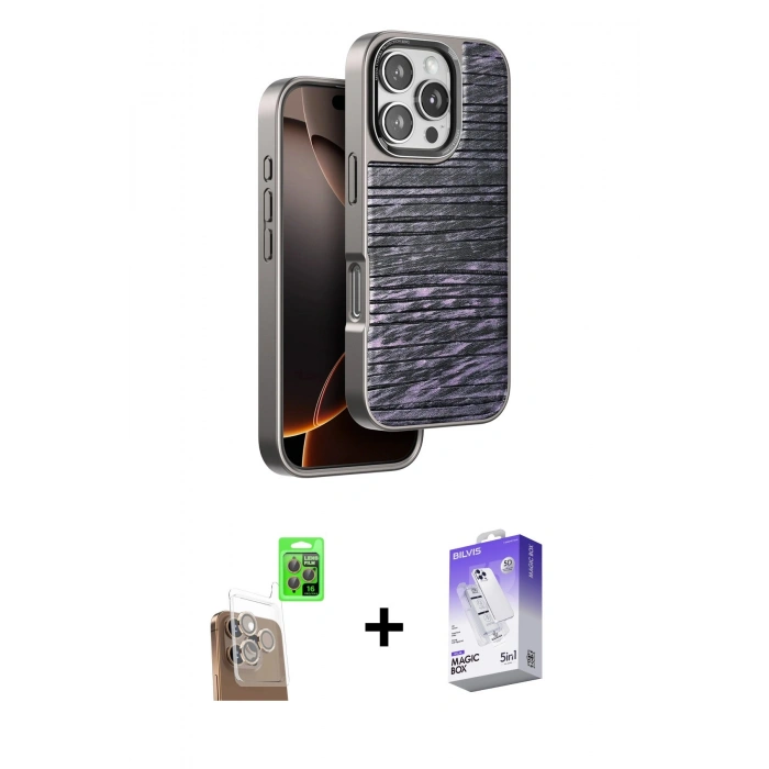 MARSİLYAN™- iPhone 16 Pro Max Kılıf Atlas Minimal Özel Seri - Siyah Bilvis 5in1 3D Magic Cam Ekran Koruyucu + Raze Metal Kamera Lens - CLTM