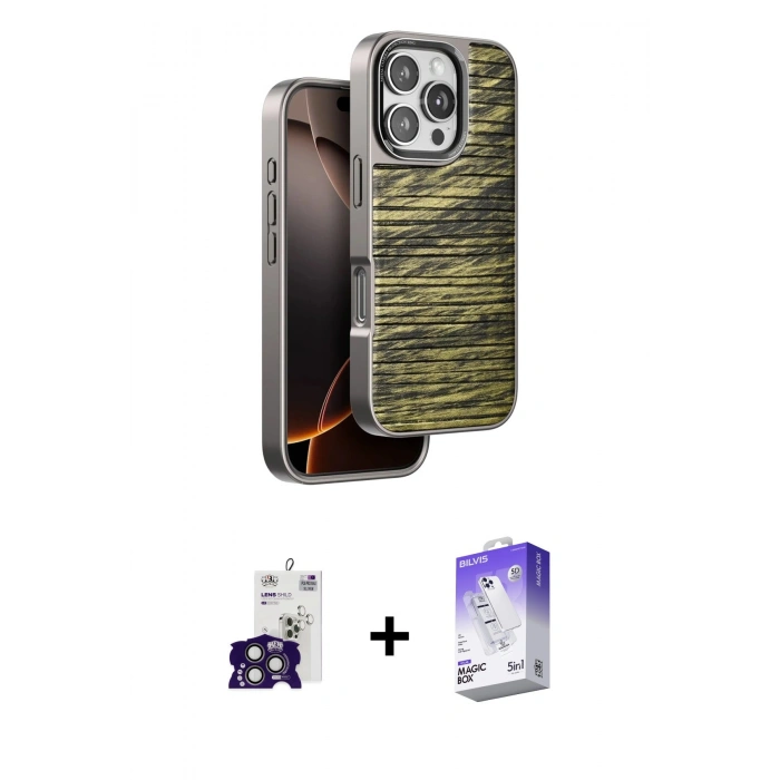 MARSİLYAN™- iPhone 16 Pro Max Kılıf Atlas Minimal Özel Seri - Siyah Bilvis 5in1 3D Magic Cam Ekran Koruyucu + Bilvis Titan Kamera Lens - TMGI