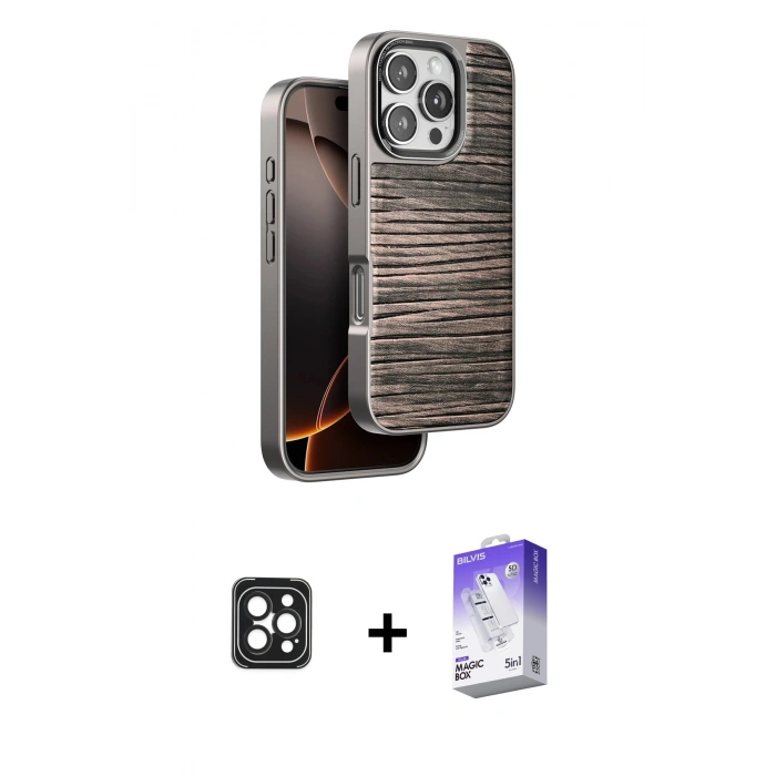 MARSİLYAN™- iPhone 16 Pro Max Kılıf Atlas Minimal Özel Seri - Siyah Bilvis 5in1 3D Magic Cam Ekran Koruyucu + PVD Metal Kamera Lens - SH