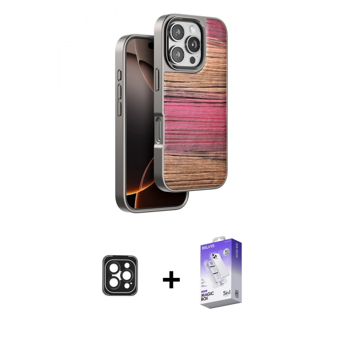 MARSİLYAN™- iPhone 16 Pro Max Kılıf Atlas Minimal Özel Seri - Siyah Bilvis 5in1 3D Magic Cam Ekran Koruyucu + PVD Metal Kamera Lens - SH