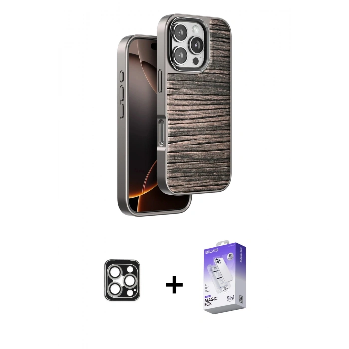 MARSİLYAN™- iPhone 16 Pro Max Kılıf Atlas Minimal Özel Seri - Siyah Bilvis 5in1 3D Magic Cam Ekran Koruyucu + PVD Metal Kamera Lens - GS