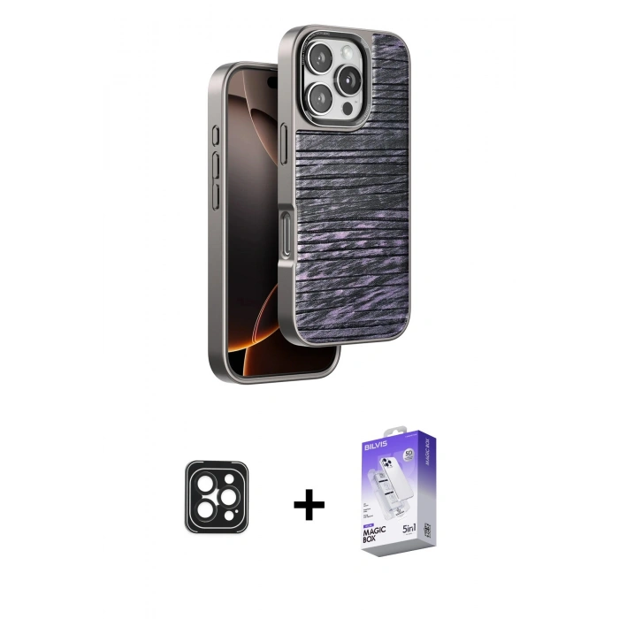 MARSİLYAN™- iPhone 16 Pro Max Kılıf Atlas Minimal Özel Seri - Siyah Bilvis 5in1 3D Magic Cam Ekran Koruyucu + PVD Metal Kamera Lens - SH