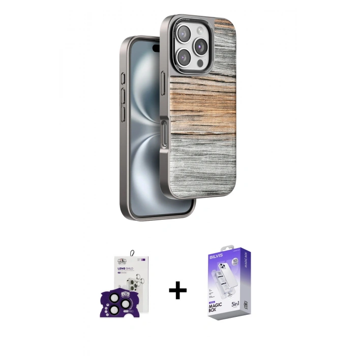 MARSİLYAN™- iPhone 16 Pro Max Kılıf Atlas Minimal Özel Seri - Siyah Bilvis 5in1 3D Magic Cam Ekran Koruyucu + Bilvis Titan Kamera Lens - SH