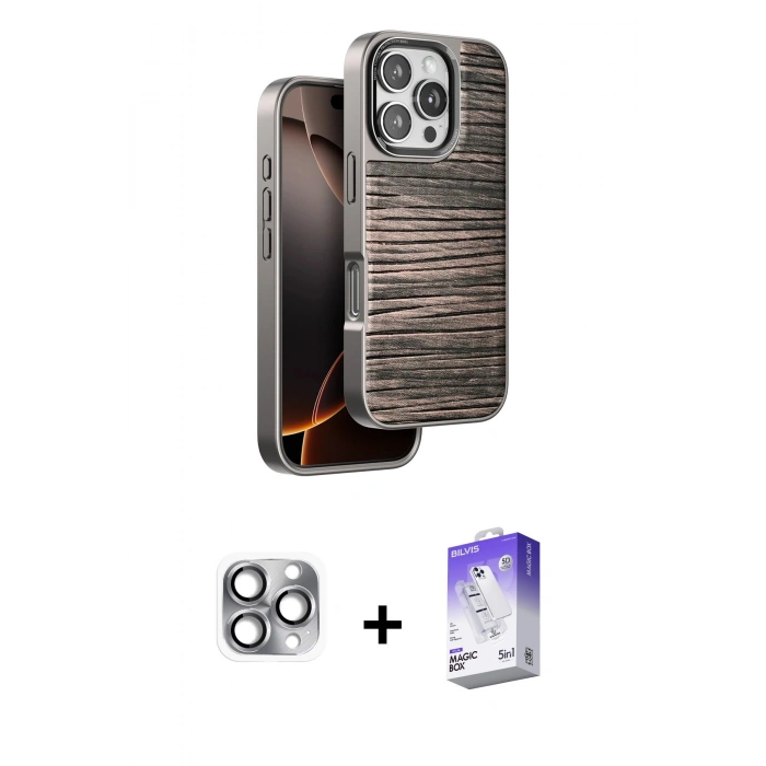 MARSİLYAN™- iPhone 16 Pro Max Kılıf Atlas Minimal Özel Seri - Siyah Bilvis 5in1 3D Magic Cam Ekran Koruyucu + Pers Alüminyum Kamera Lens - GI