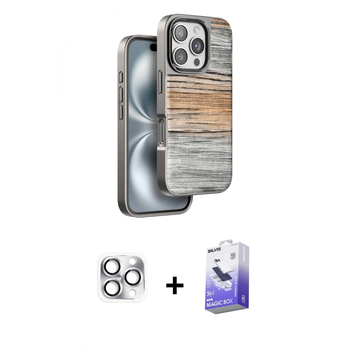 MARSİLYAN™- iPhone 16 Pro Max Kılıf Atlas Minimal Özel Seri - Siyah Bilvis 5in1 5D Magic Hayalet Cam Ekran Koruyucu + Pers Alüminyum Kamera Lens - GS