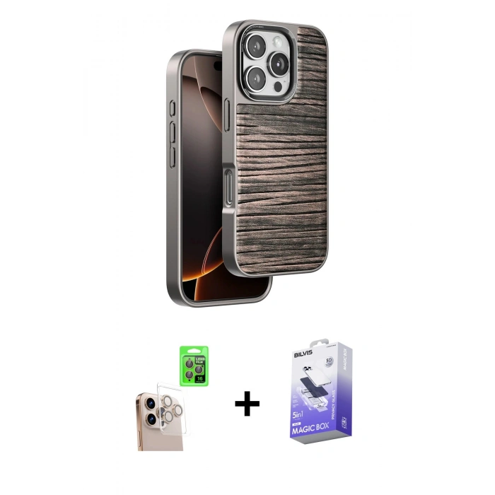 MARSİLYAN™- iPhone 16 Pro Max Kılıf Atlas Minimal Özel Seri - Siyah Bilvis 5in1 5D Magic Hayalet Cam Ekran Koruyucu + Raze Metal Kamera Lens - NLGY